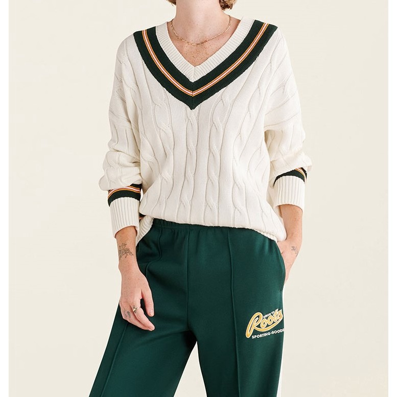 Roots Cable-Knit V-Neck Cricket Sweater With Green And Tan Trimsize Large